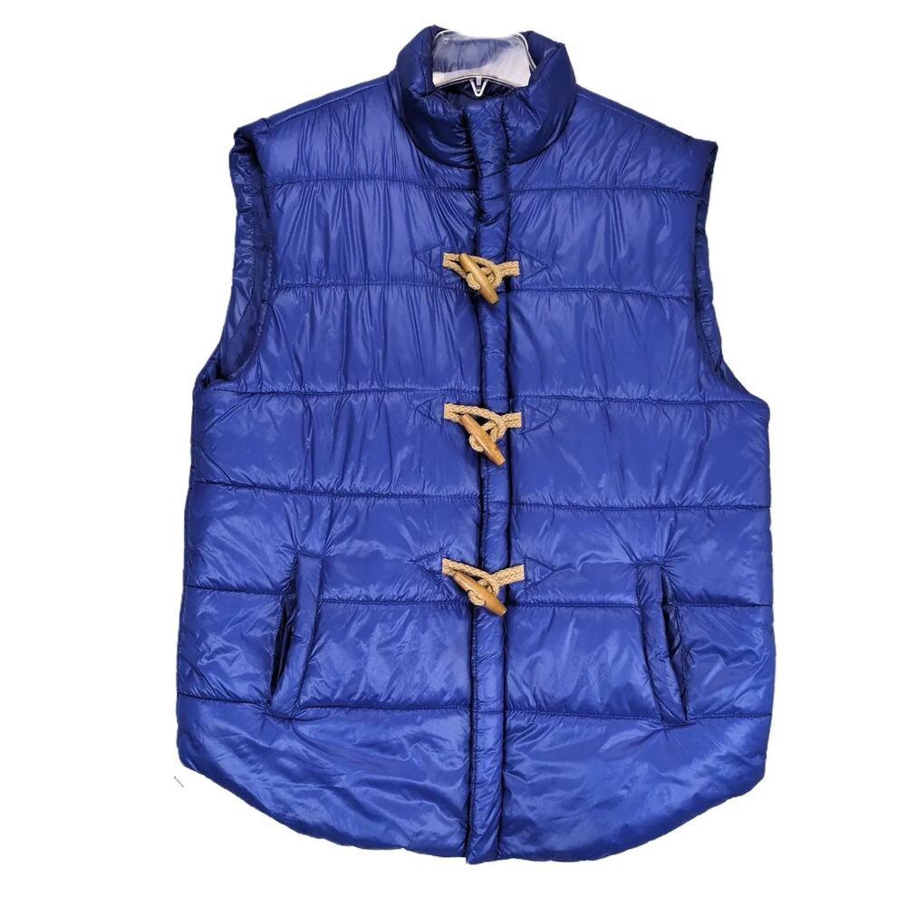 ANKOR EAST Men's M Blue Puffer Vest,‎ Full Zip w/ Wood & Rope Toggles Nautical